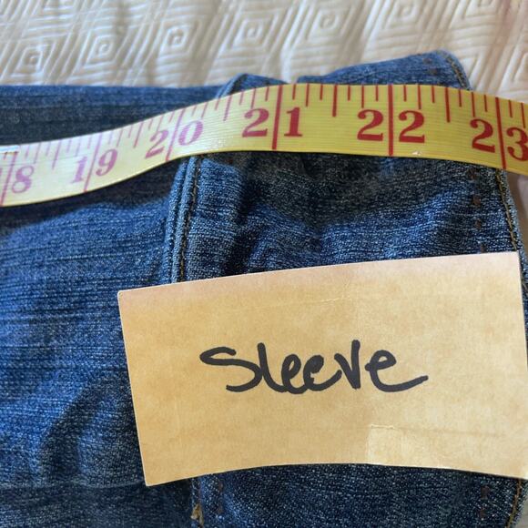 E by ECI Tailored Jacket Blue Denim Embroidered Floral Collared Snaps Read Size - Picture 7 of 11